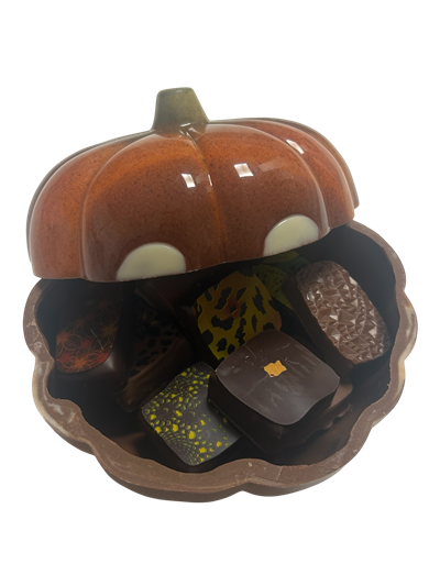 Citrouille d’Halloween  (Chocolats Noir et Lait, Avec alcool, Avec praliné, Avec ganache, Avec pâte d&#39;amandes) - Photo 2